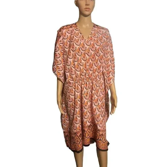 Kaftan Dress OSFM Pink Orange Bohemian Elastic Cinch Flowy - Picture 4 of 8